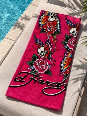 NWT Ed Hardy Skull Rose Butterfly Beach Towel Pink Tattoo 36x68 Cotton Pool